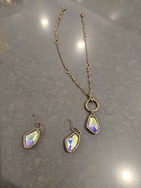 Gold-Tone Iridescent Crystal Pendant Necklace & Earring Set